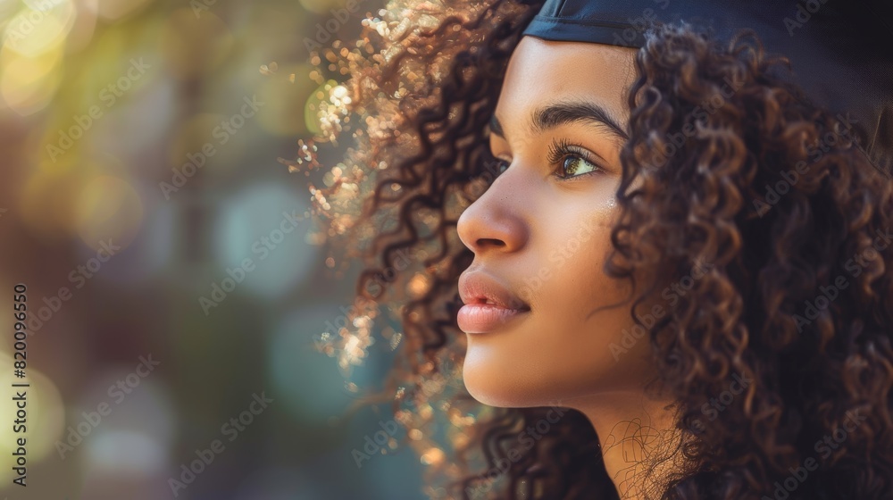 Fototapeta premium Graduate cap, trees, and woman's back with bokeh symbolizes education, success, and ambitions. Natural surroundings, model space, and female college graduate planning futures inspire.