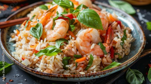 Colorful plate of Thai basil fried rice with shrimp, showcasing vibrant basil leaves, aromatic jasmine rice, and plump shrimp.