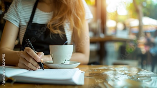 Writing, cafe owner, and entrepreneur with vision, inventiveness, and schedule/menu planning. Closeup restaurant barista calculating finances with notebook or book.