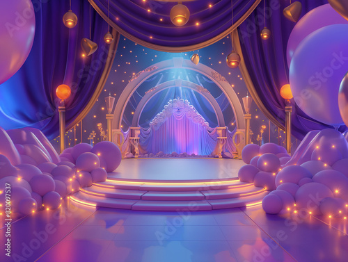An enchanting stage set in a fairy tale world, adorned with spotlight.