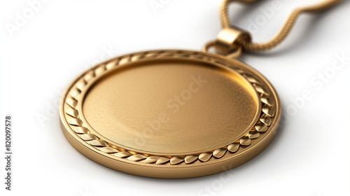 A Golden medal, with a large and long fabric cord, elegant, prestigious, white blank background, mockup