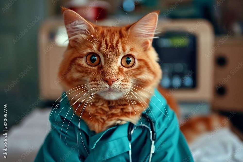 Portrait of a red cat with a stethoscope in a veterinary clinic. Portrait of a red cat with a stethoscope in a veterinary clinic.