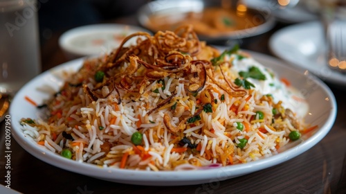 Delicious plate of vegetable biryani rice garnished with fried onions and served with raita yogurt sauce on the side