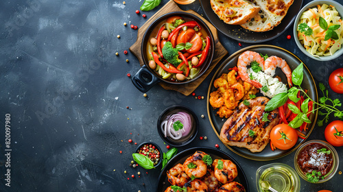 Assorted gourmet dishes. An overhead view of assorted gourmet dishes on a dark rustic table setting.