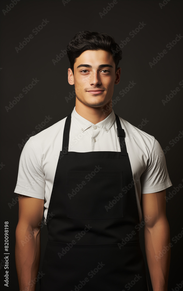 Naklejka premium A man in a kitchen apron. Chef work in the cuisine. Cook in uniform, protection apparel. Job in food service. Professional culinary. Black fabric apron, casual stylish clothing. Baker. Generated AI