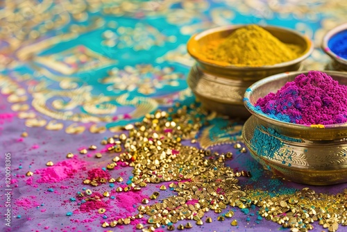 Colorful gulaal (powder color) indian festival for Happy Holi card with gold patterned and crystals on paper color Background photo