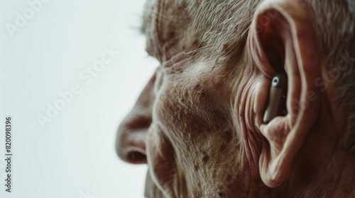 Hearing aid, closeup and ear of disabled guy for medical support, hearing, or healthcare as mockup. Hearing-impaired deaf patient with audiology implant, amplifier, or volume photo