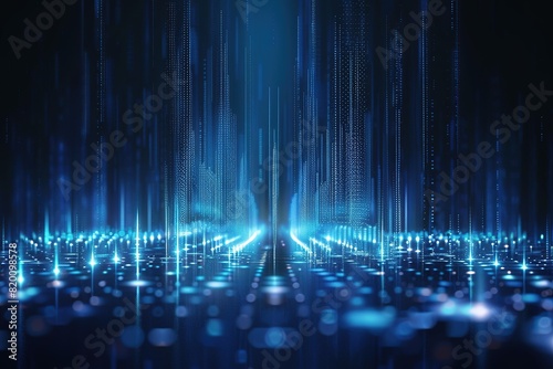 blue digital light source, equalizer sound waves, blue light drops