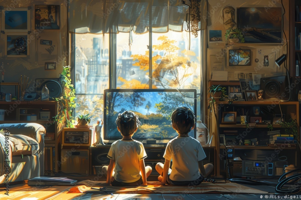 Two children sitting on the floor in a living room watching TV