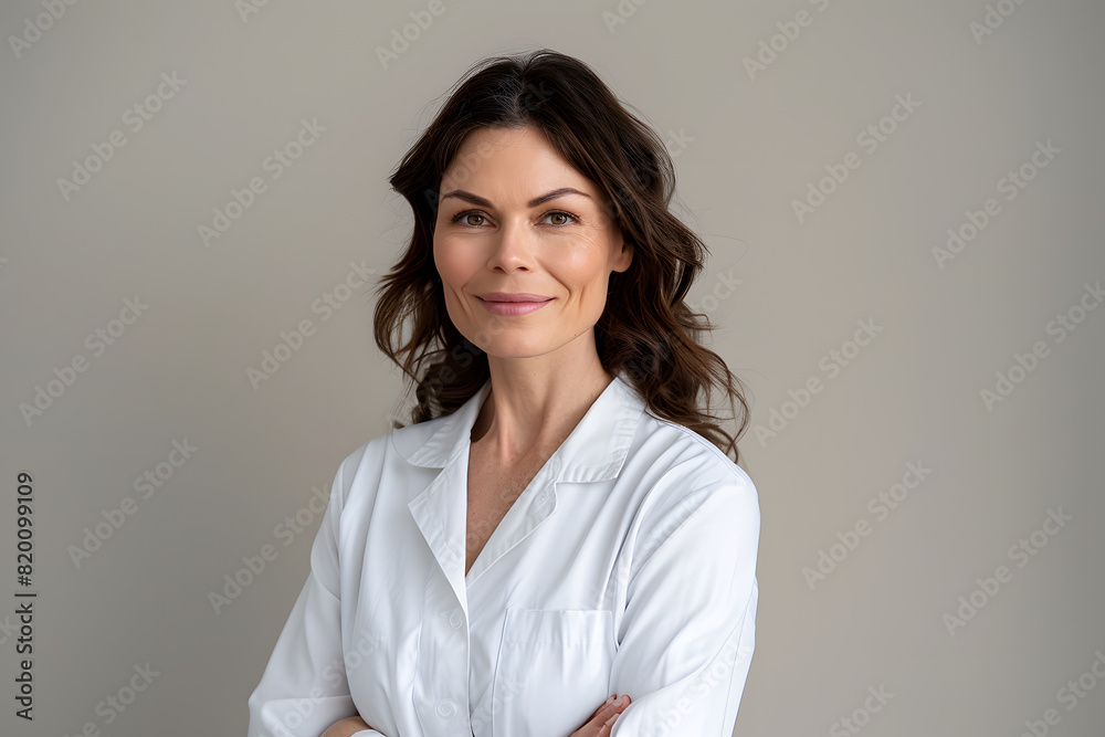 A doctor in white doctor coat uniform on a grey background smiling and looking in the camera in a studio against a plain background A doctor in white doctor coat uniform on a grey background smiling and looking in the camera in a studio against a plain background