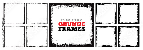 Vector grunge overlay texture frame or border set with paint brush stroke and ink splash. Dirty torn paper or grainy wall silhouette for social media banner art. Grunge watercolor effect frame layout.