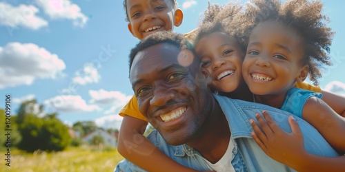 Happy parents piggybacking their kids in a nature park for summer bonding and outdoor family enjoyment. Black father, mother, and children walk on grass smiling.