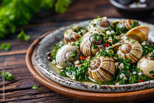 Cooked snails with garlic, parsley, and spices, a French cuisine delicacy