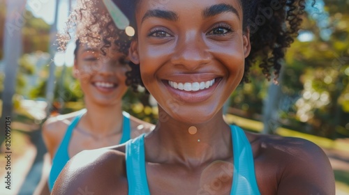 Fitness, black woman, outside, training, selfie, profile image, and wellbeing. Portrait of smiling girl, social media, and sports memory © LukaszDesign