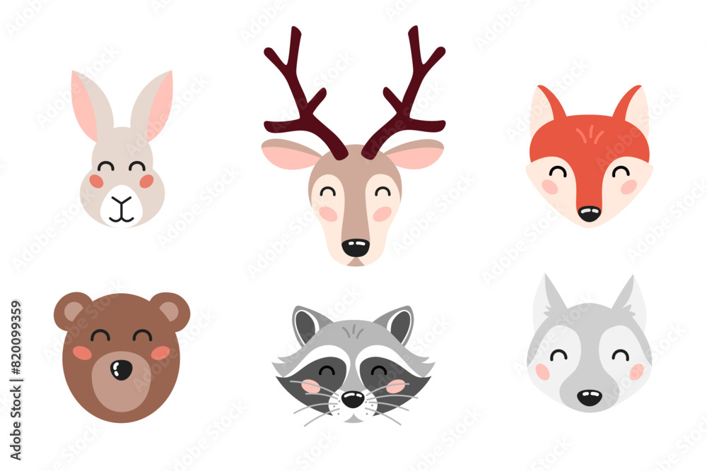 Cute forest animals head set in cartoon flat style. Kids design elements for print, poster, stickers, nursery. Cute forest animals head set in cartoon flat style. Kids design elements for print, poster, stickers, nursery.