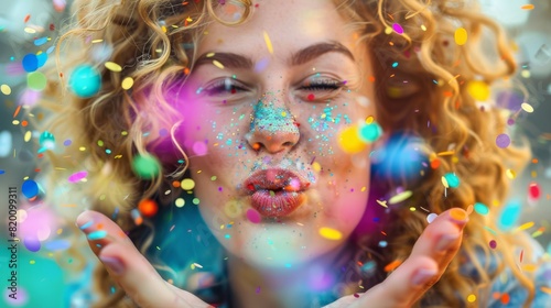 Woman Blowing Colorful Confetti