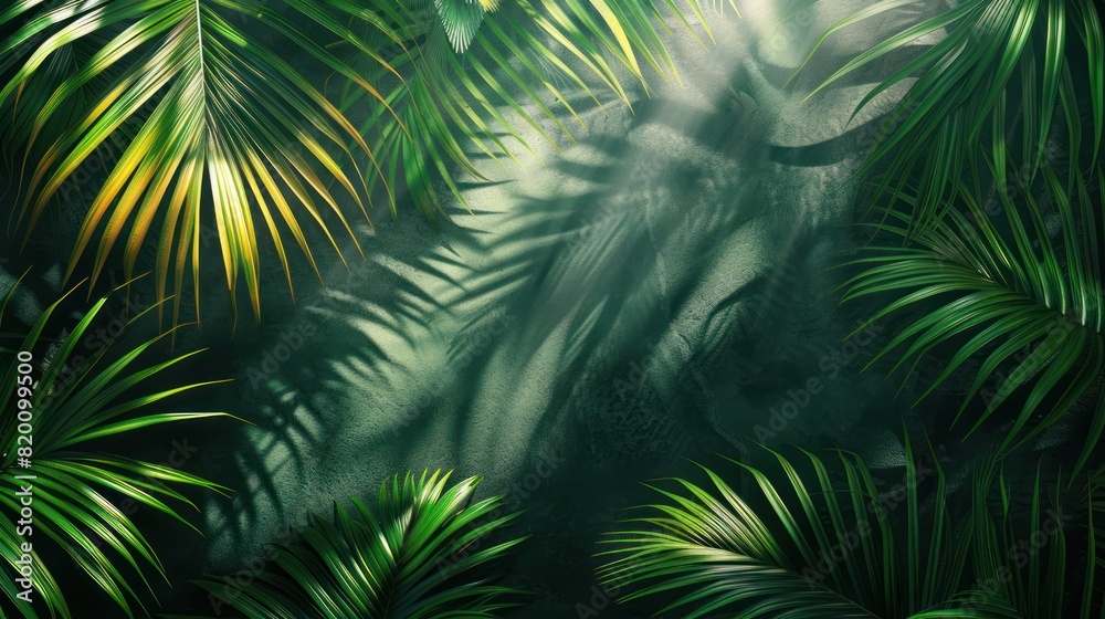 Abstract Tropical Palm Leaf and Shadow on Natural Green Background with Dark Tone Textures