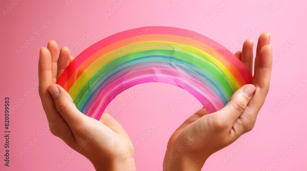 Hands creating a rainbow arc, pride in identity, selective focus, celebration of diversity, whimsical, manipulation, pastel background Hands creating a rainbow arc, pride in identity, selective focus, celebration of diversity, whimsical, manipulation, pastel background