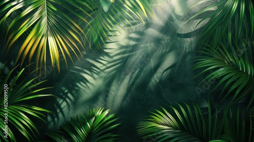 Abstract Tropical Palm Leaf and Shadow on Natural Green Background with Dark Tone Textures