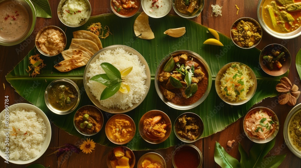 Flavorful Indian vegetarian thali meal served on a banana leaf, showcasing a variety of regional dishes and flavors.