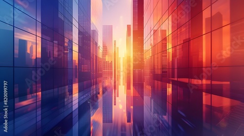Buildings and reflections in a future financial sector  skyscrapers in a smart metropolis at dusk - architectural backdrop for corporate and commercial brochure template 