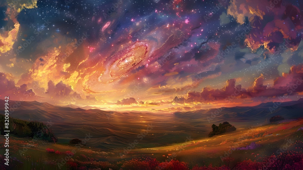 Obraz premium Vibrant Autumn Sunset Over Picturesque Countryside Landscape with Mountains and Meadows