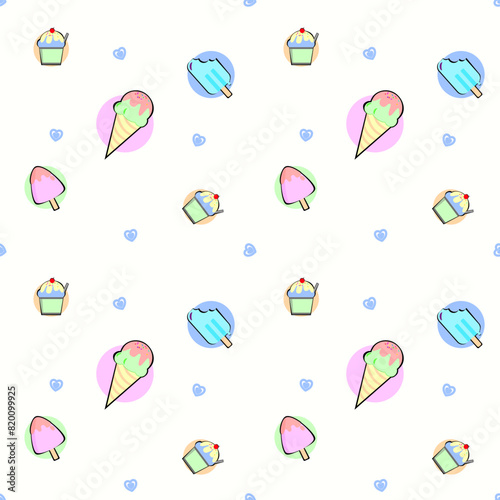 Seamless pattern with pastel color ice cream. Delicious refreshing ice cream as background.
Vector Illustration for holiday designs, party, birthday, invitation.
Ice cream cone pattern.