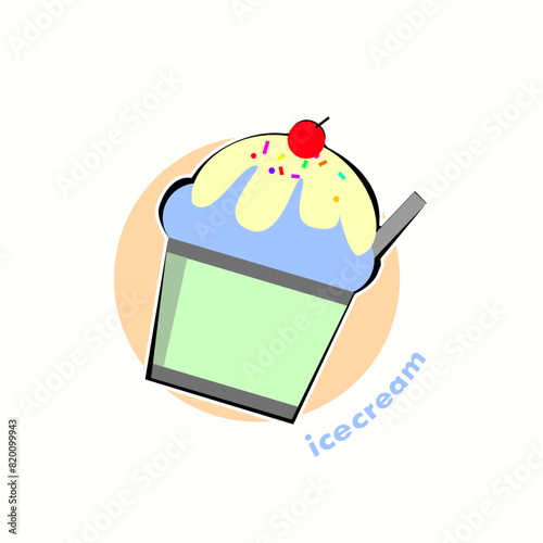 Ice cream balls in the waffle cone or ice cream in cup isolated cream background. Vector flat outline icon. Comic character in cartoon style illustration for notice design.