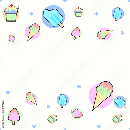 Seamless pattern with pastel color ice cream. Delicious refreshing ice cream as background.
Vector for holiday designs, party, birthday, invitation.
Ice cream cone pattern. border for text.