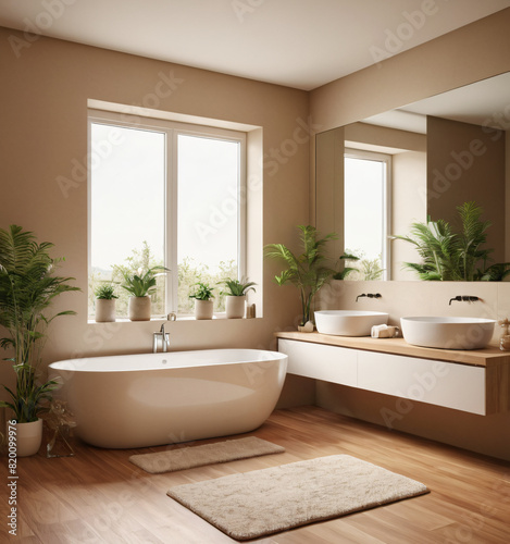 Beige bathroom interior with double sink and mirror  carpet on hardwood floor  bathtub  plants. Bathing accessories and window in hotel 
