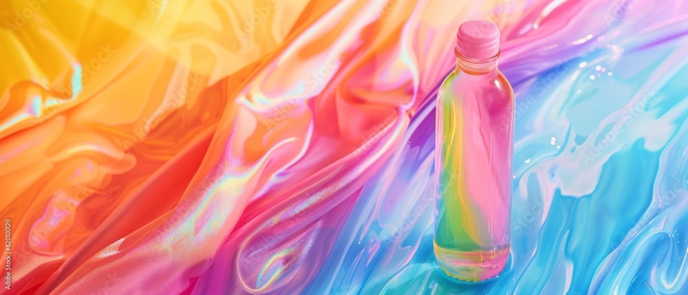 Rainbowthemed water bottle, pride merchandise, close up, hydration with a cause, vibrant, overlay, product backdrop Rainbowthemed water bottle, pride merchandise, close up, hydration with a cause, vibrant, overlay, product backdrop
