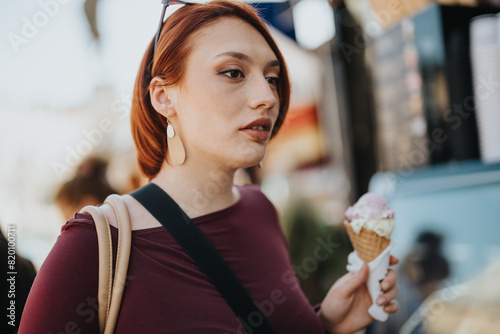 A young woman in casual wear savors a tasty ice cream while walking on a sunny day, embodying leisure and enjoyment.