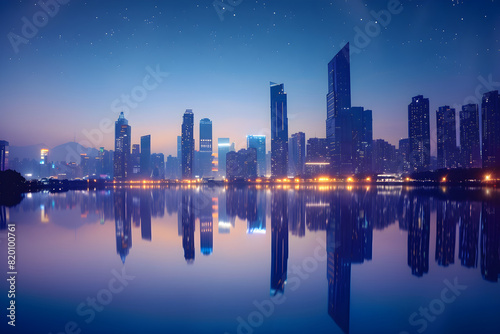 Twilight Reflections: Pearl of the Night City Skyline Over Calm River © Margaret