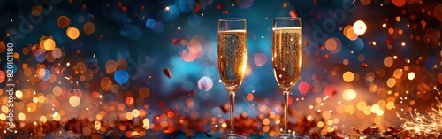 New Year's Eve Party Celebration with Sparkling Wine, Fireworks, and Festive Background photo