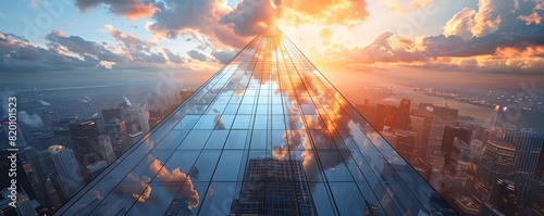 A majestic skyscraper  viewed from a worms-eye perspective  with sleek glass windows reflecting surrounding cityscape  dynamic cloudy sky above  rendered in high-definition CG 3D