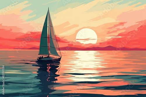 The crimson sun sets over the ocean. A lone sailboat with white sails glides across the waves.