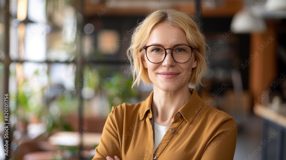 Confident Woman with Glasses Smiling in Business
Confident Woman with Glasses Smiling in Business
