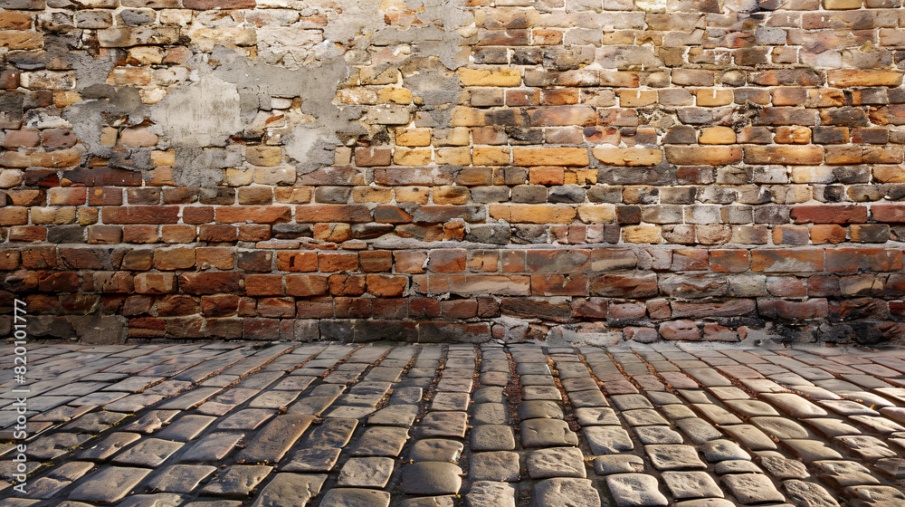 Old brick wall with cobblestone ground. A weathered brick wall meets a cobblestone ground, creating a textured and historic look. Old brick wall with cobblestone ground. A weathered brick wall meets a cobblestone ground, creating a textured and historic look.