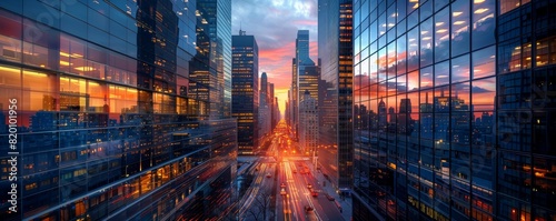 Eye-level angle of a financial district at dusk photo