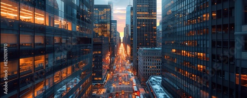 Eye-level angle of a financial district at dusk photo