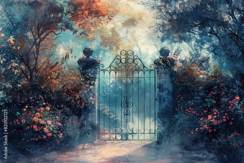 Frontal view of a serene garden gate, intricate wrought iron patterns, soft pastel colors, delicate watercolor brushstrokes, ethereal and inviting atmosphere, gentle morning light photo