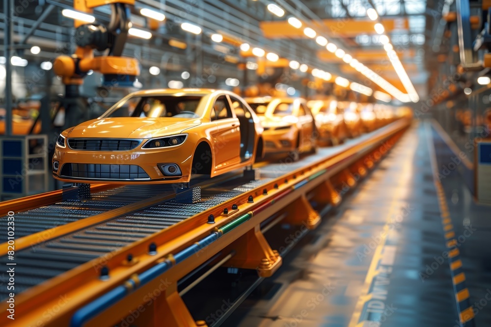 A line of orange cars are being manufactured in a factory