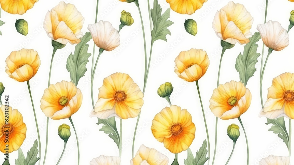 Fototapeta premium seamless pattern, Iceland Poppy, Watercolor, white background