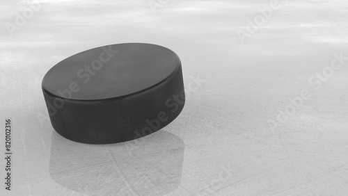 Photography Hockey puck on ice background.