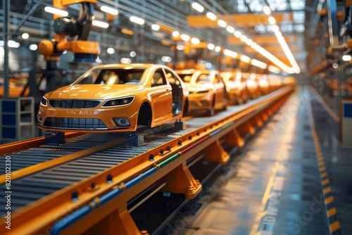 A line of orange cars are being manufactured in a factory photo