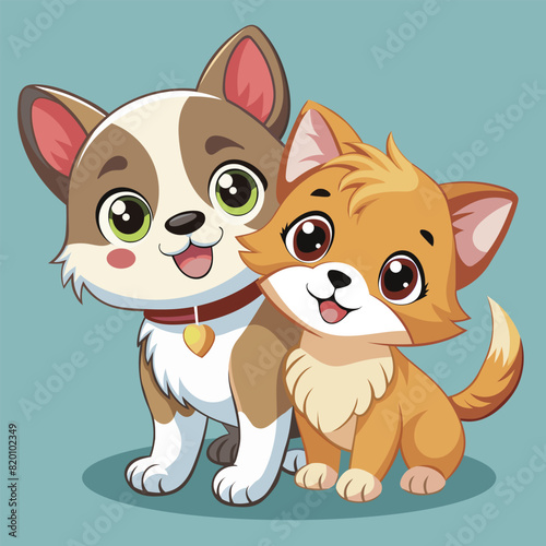 Little friends kitten and puppy. Cute cartoon illustration. Flat style