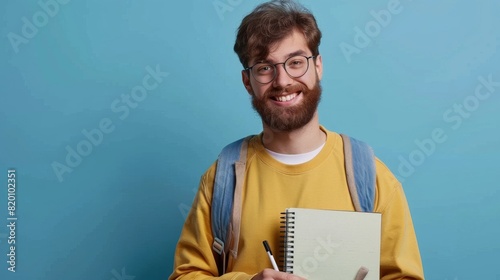 Happy young bearded man student hold write in notebook look at camera, casual guy university teacher photo