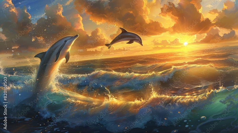 Fototapeta premium Graceful dolphins leaping joyfully out of the ocean waves against a backdrop of a golden sunset.