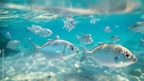 Fish swimming underwater in clear blue water. Multiple fish swim gracefully underwater in clear, turquoise blue water.