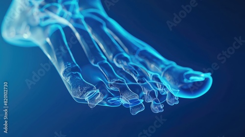 3d render of human foot bones, Xray perspective, blue background, medical illustration © Khalif